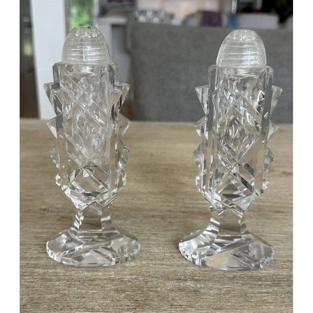 VTG Clear Cut Glass Pedestal Salt & Pepper Shakers Tall Czechoslovakia 4.5